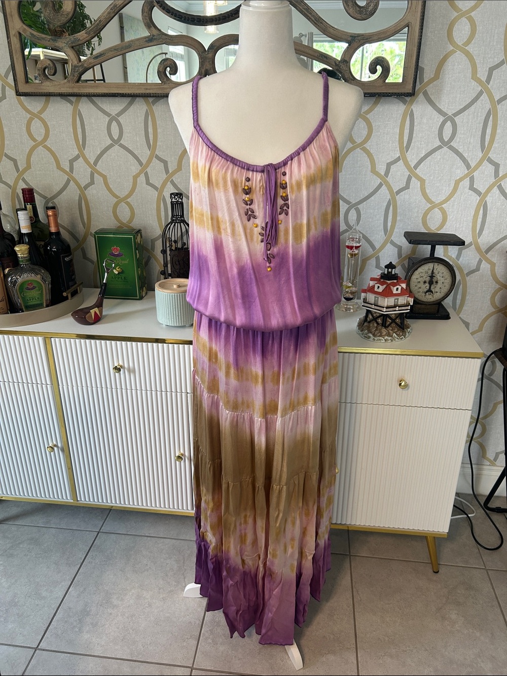 Hale Bob Purple and Brown Silk Tie-Dye Maxi Dress